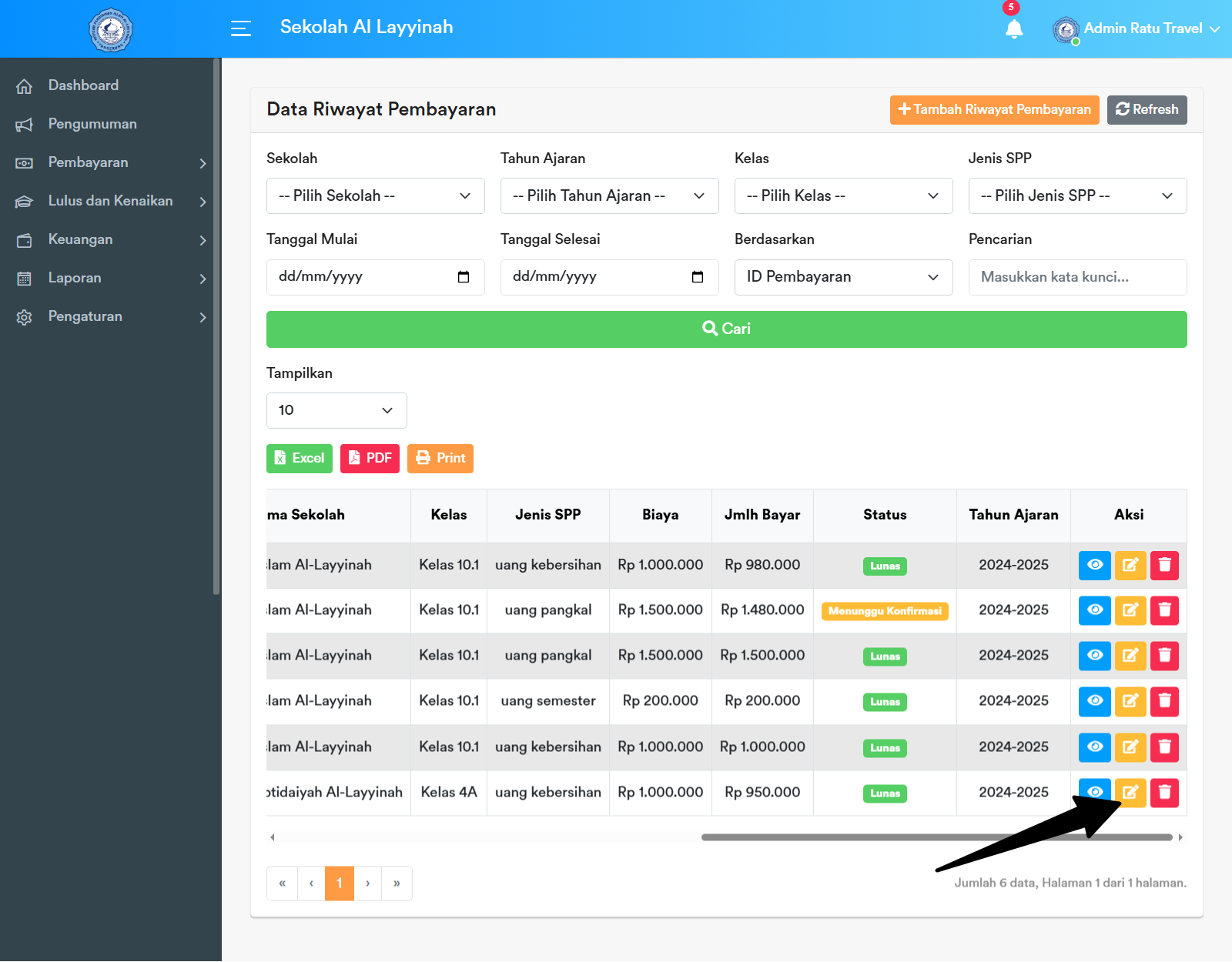 Tombol Edit Riwayat Pembayaran
